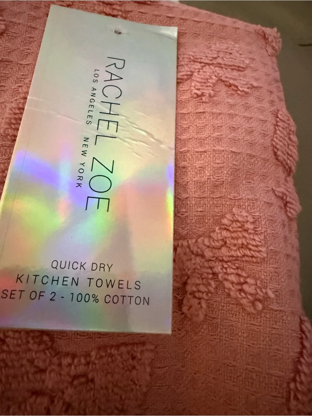 Rachel Zoe Coral Pink Cotton Kitchen Towels with Bow Texture - Set of 2